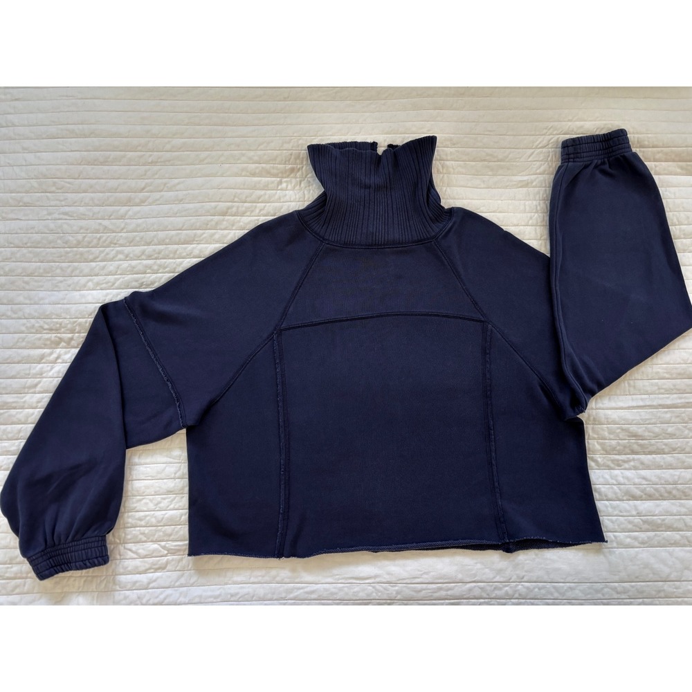 Cozy Relaxed Aerie Navy Blue Cropped Turtleneck Sweatshirt Slouchy Fit